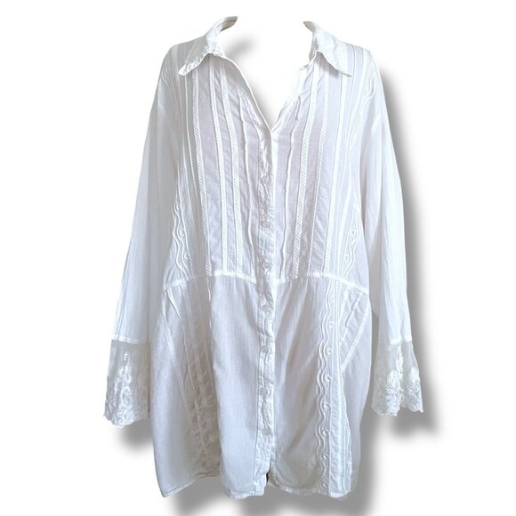 Soft Surroundings Womens Tunic Top Sz 3X White Cotton Boho Embroidered Coastal - Picture 3 of 12